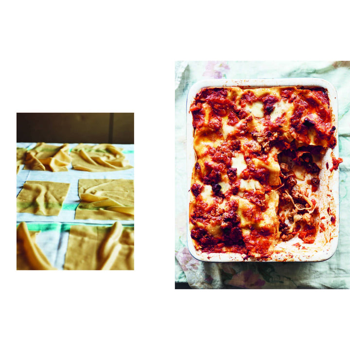 Baked lasagne with cheese and tomato sauce on a white plate to the right of an image of lasagne pasta sheets