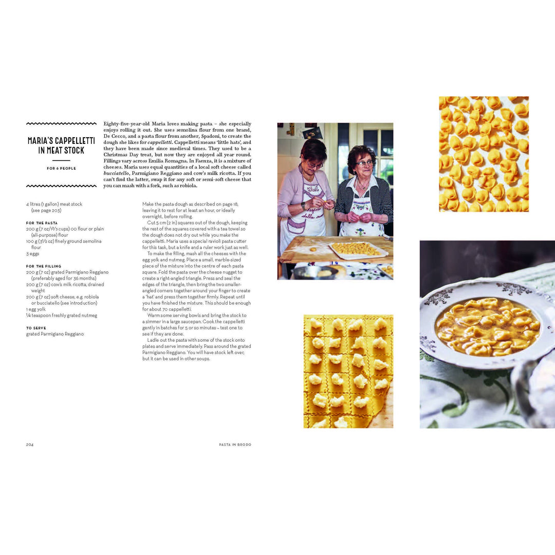 Magazine page with images of pasta-making process and finished product.
