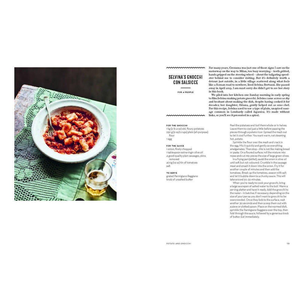 Recipe card with a bowl of food and a glass on a tablecloth, next to text.