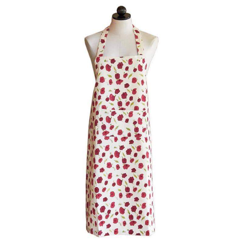 White apron with poppies on a mannequin against a white background