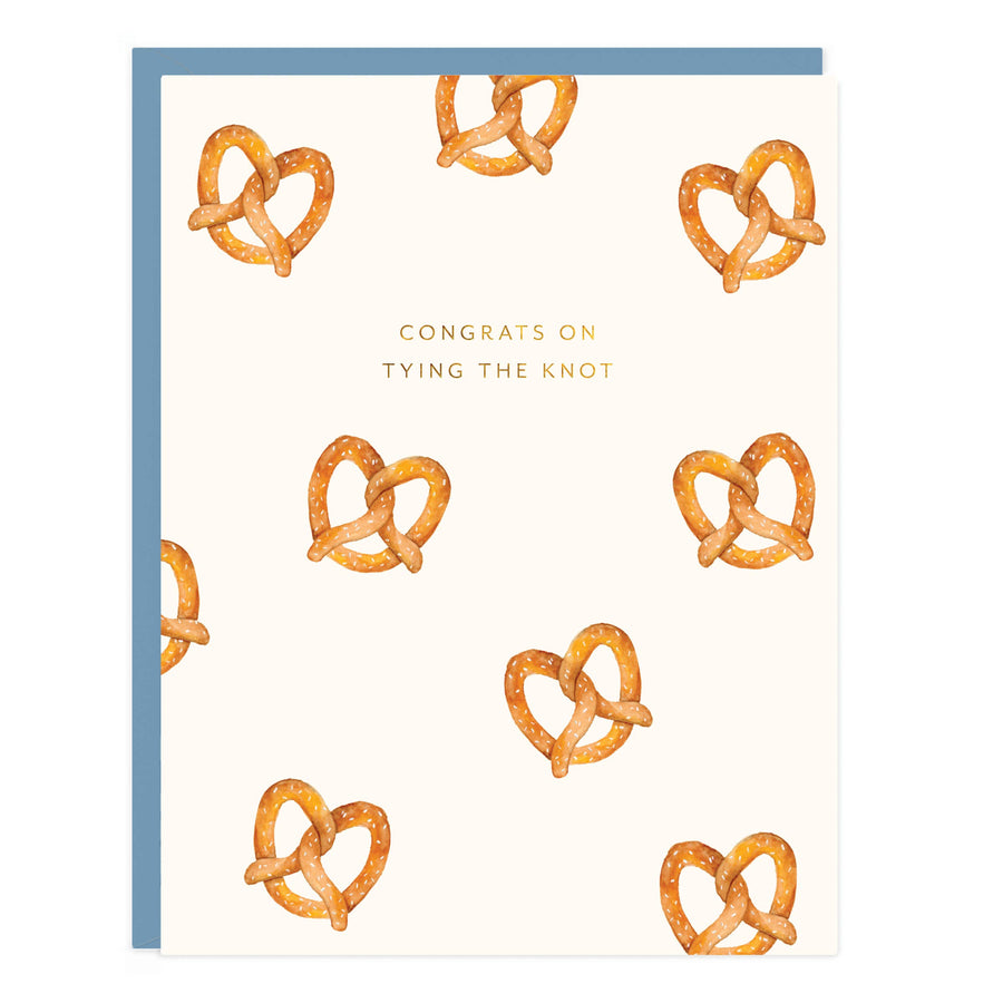 Card with pretzel pattern and 'Congrats on Tying the Knot' text on a white background