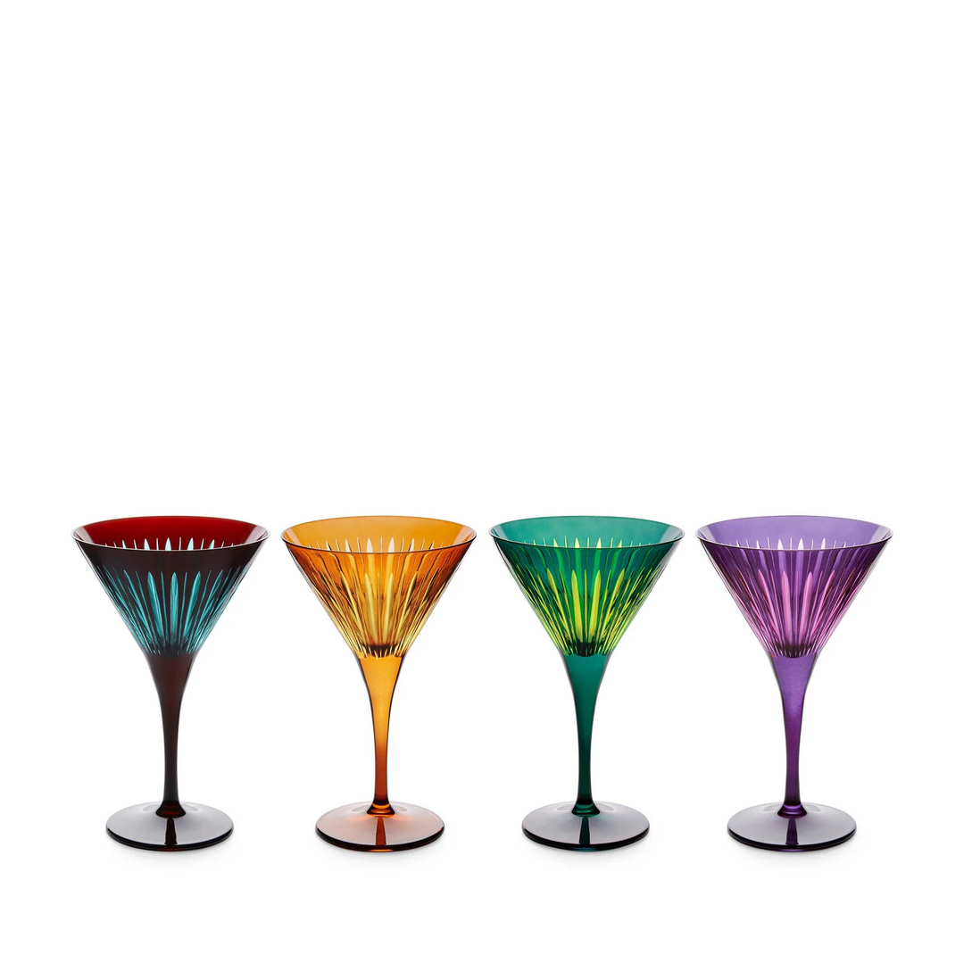 Prism martini glasses in green, bordeaux, amber, and purple