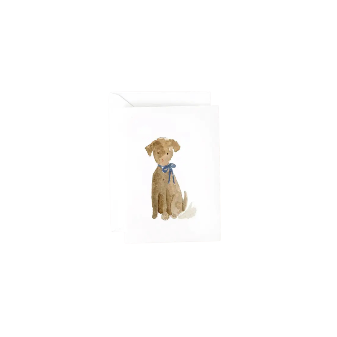 A gift enclosure card with a watercolor illustration o a brown puppy wearing a blue bow