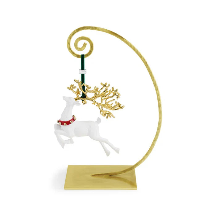 Decorative reindeer ornament with gold antlers on a white background