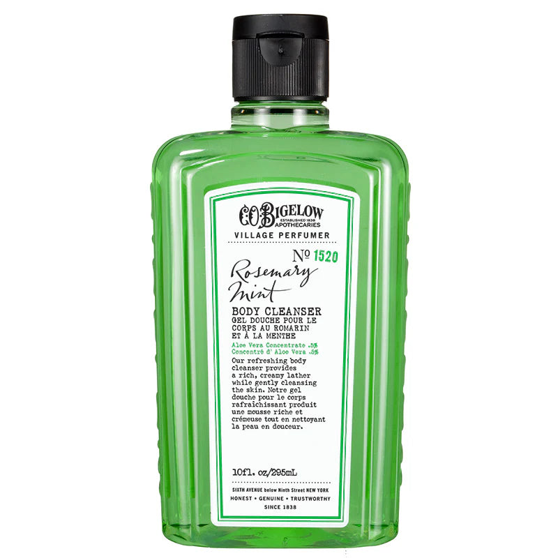 Green bottle of Village Perfumer Rosemary Mint Body Cleanser