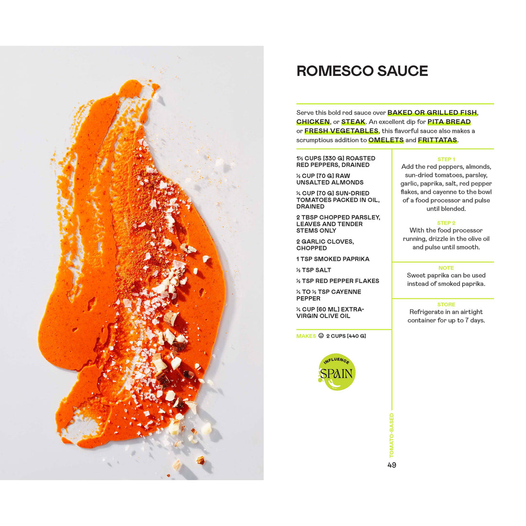 Romesco sauce with a recipe on a white background