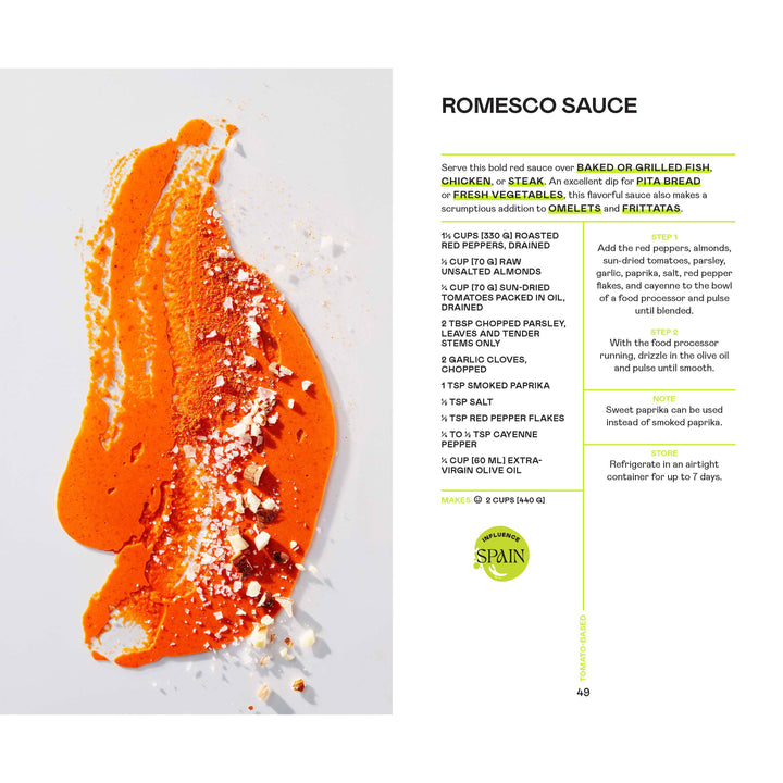 Romesco sauce with a recipe on a white background