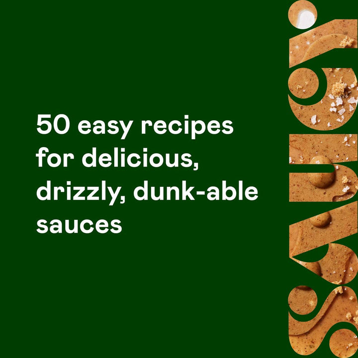Promotional graphic for a book or resource about easy recipes for sauces with a green background and peanut butter design.