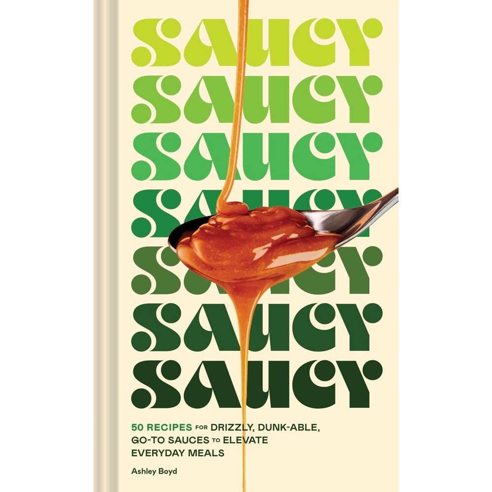 Book cover of 'Saucy' with a spoonful of sauce and text on a beige background