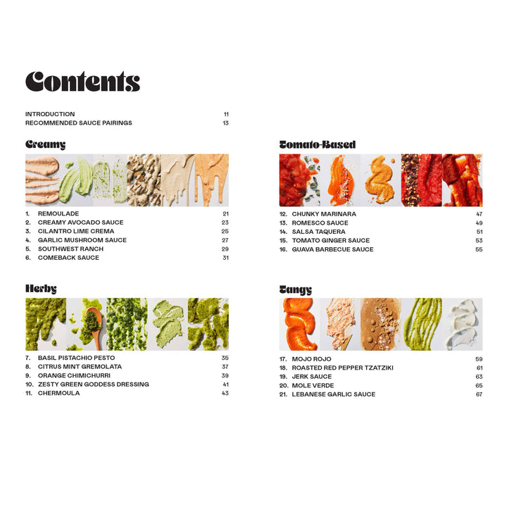 Menu or catalog page with various sauce options and descriptions on a white background