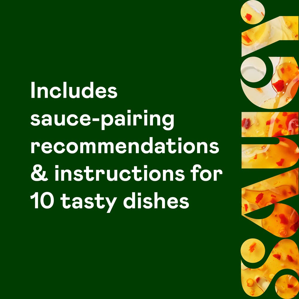 A green page with the text "includes sauce-pairing and instrutions for ten tasty dishes"