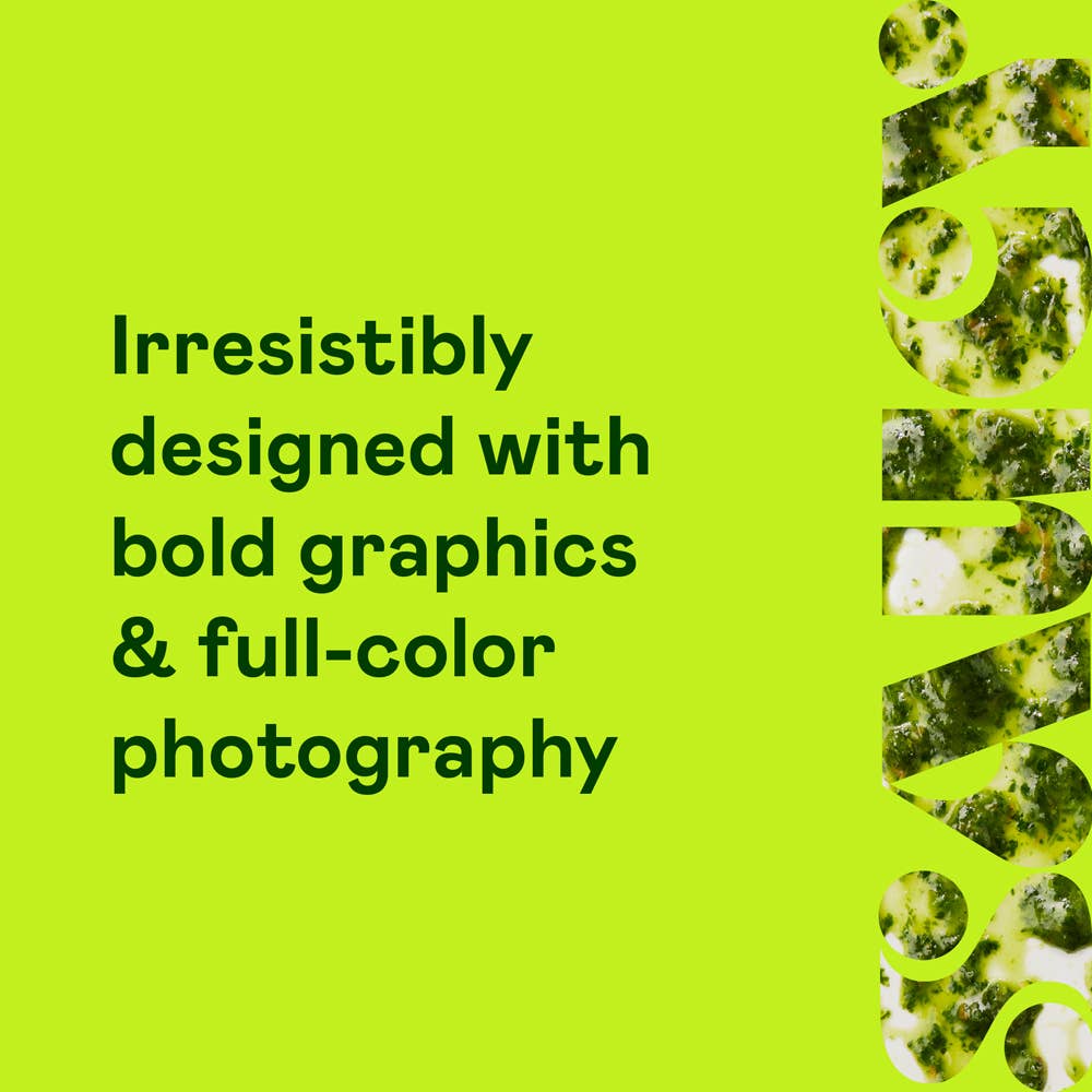 Text on a bright brat green background with the words "saucy' on the right side cut out from a photo