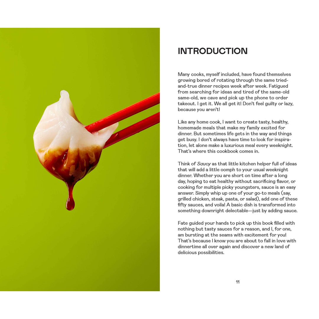 Book page with a picture of chopsticks holding a jiaozi and text on a green background