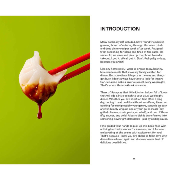 Book page with a picture of chopsticks holding a jiaozi and text on a green background