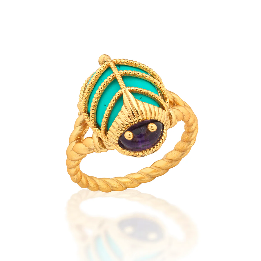 Gold beetle shaped ring with turquoise and purple gemstones