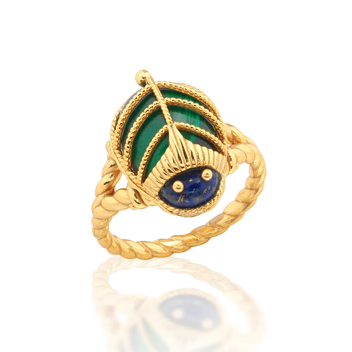 Gold beetle shaped ring with green and blue gemstones 