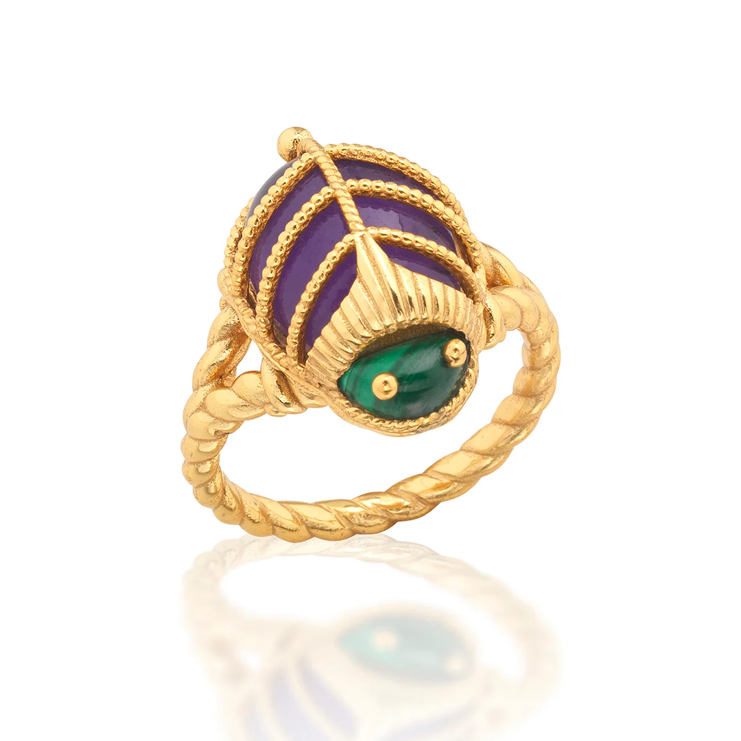 Gold beetle shaped ring with purple and green gemstones