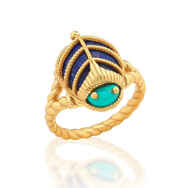 Gold beetle shaped ring with blue and green stones