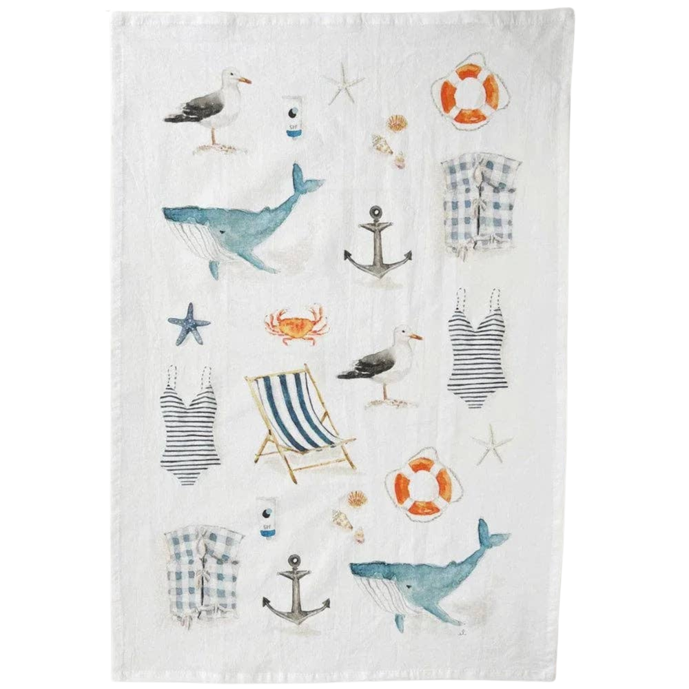 Decorative towel with nautical-themed watercolor illustrations including whales, anchors, and life buoys 