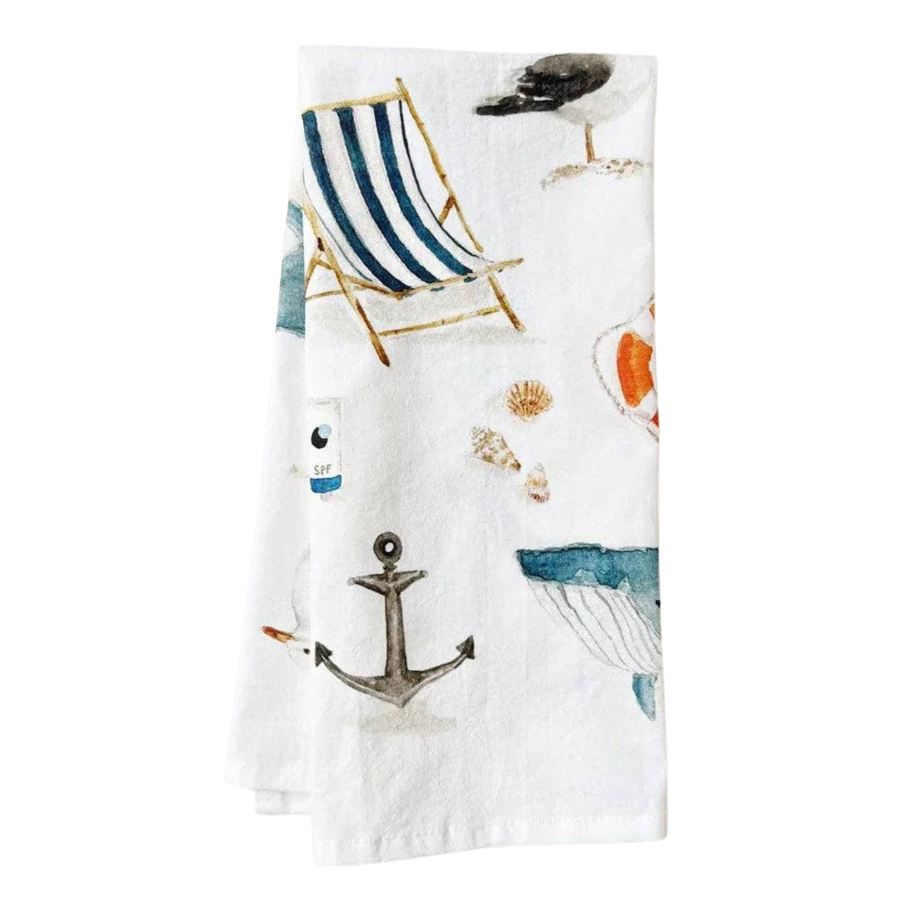 Nautical-themed towel with anchor, life buoy, and deck chair design on a white background