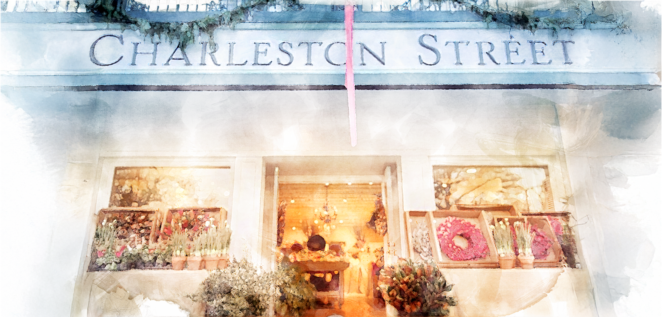  storefront with 'Charleston Street' sign and decorative plants and wreaths