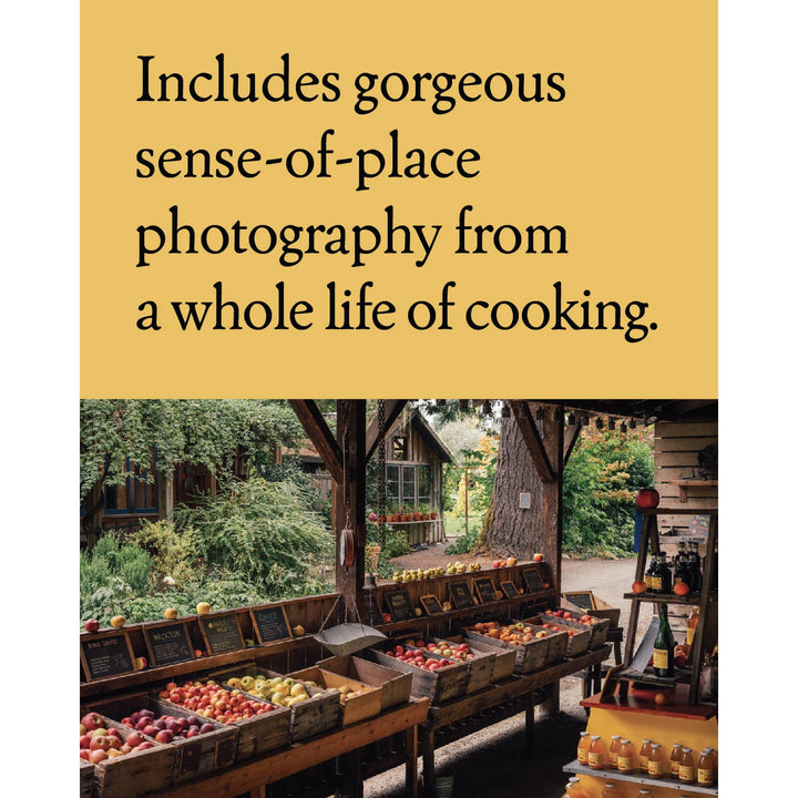 Market scene with fruits and vegetables, text about cooking photography on a yellow background