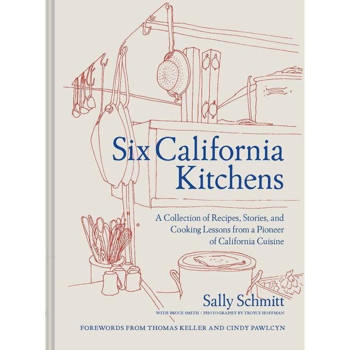 Book cover of 'Six California Kitchens' with line art of a kitchen.