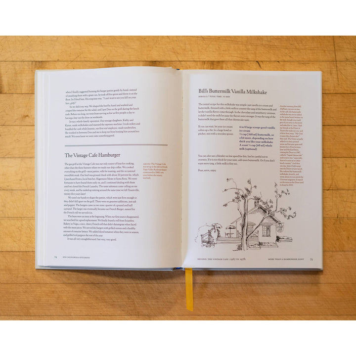 Open book on a wooden surface with text and a small illustration of a house.