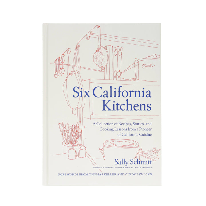 Book cover of 'Six California Kitchens' with line drawings of kitchen elements on a light background.