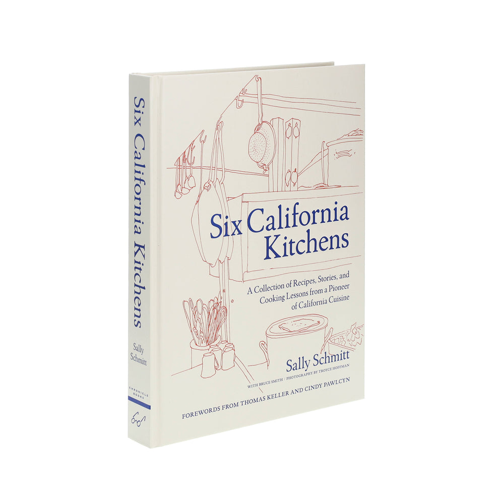 Book titled 'Six California Kitchens' by Sally Schmitt on a white background
