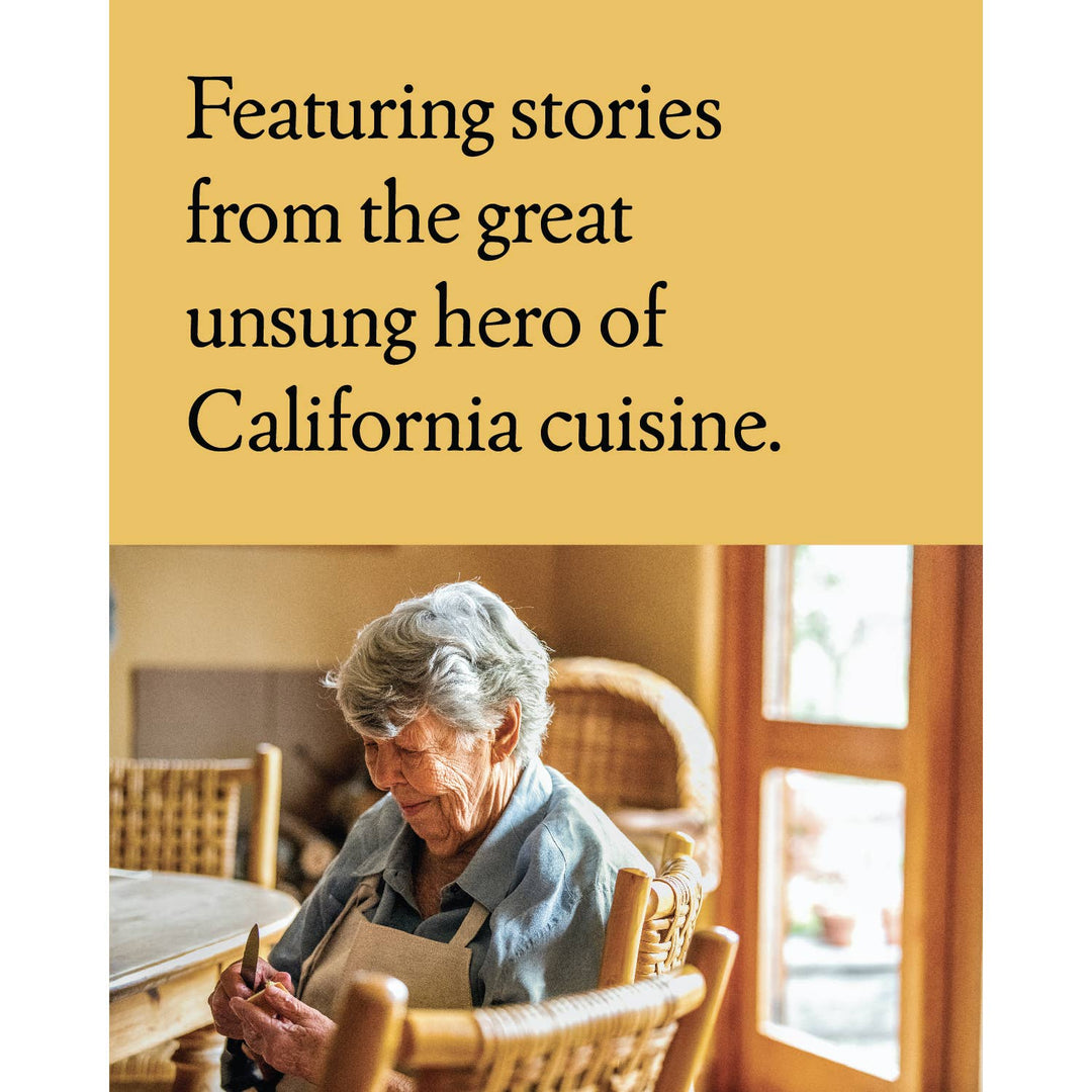 Woman in an apron sitting at a table with text about California cuisine.