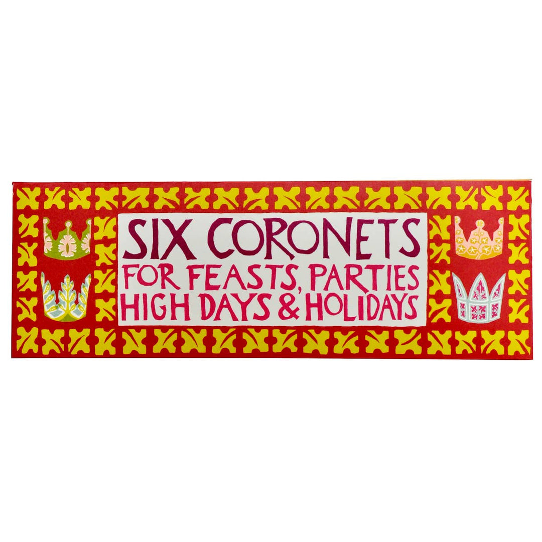 Decorative packaging with text 'Six Coronets for Feasts, Parties High Days & Holidays' on a red background with yellow patterns.