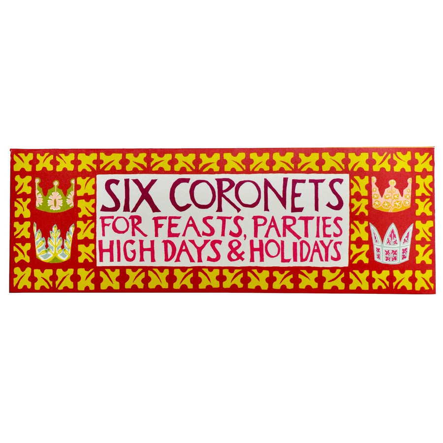 Decorative packaging with text 'Six Coronets for Feasts, Parties High Days & Holidays' on a red background with yellow patterns.