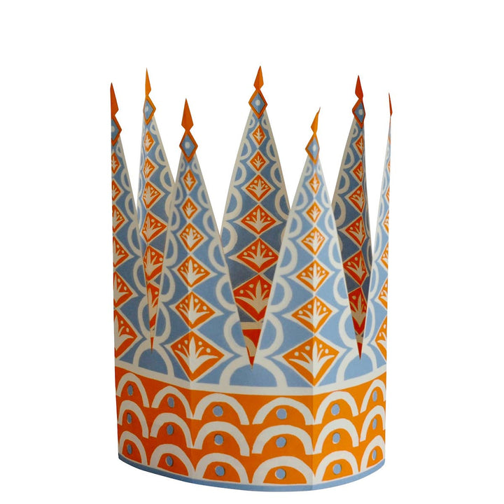 Colorful paper crown with orange and blue geometric patterns