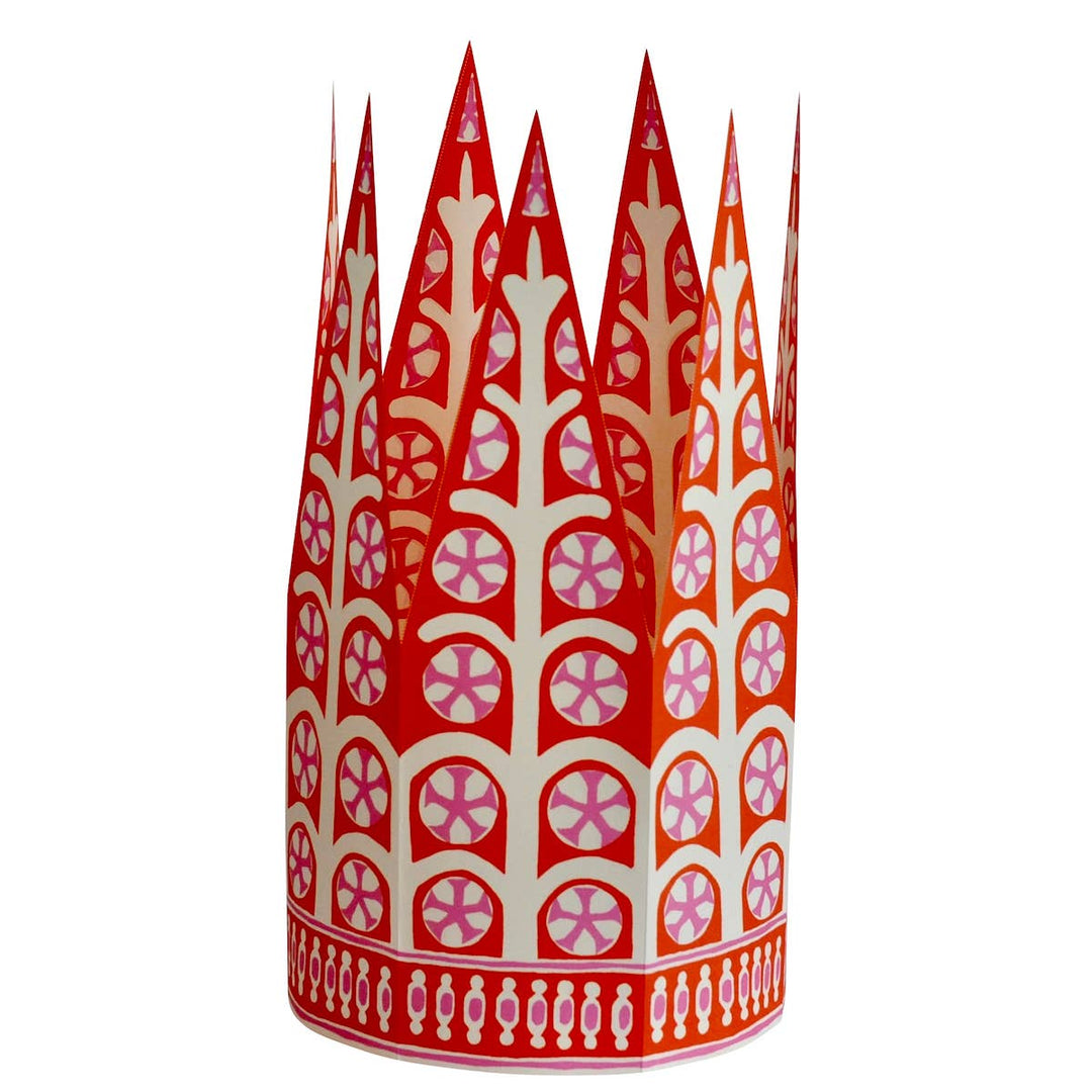 A pink and red patterned party hat