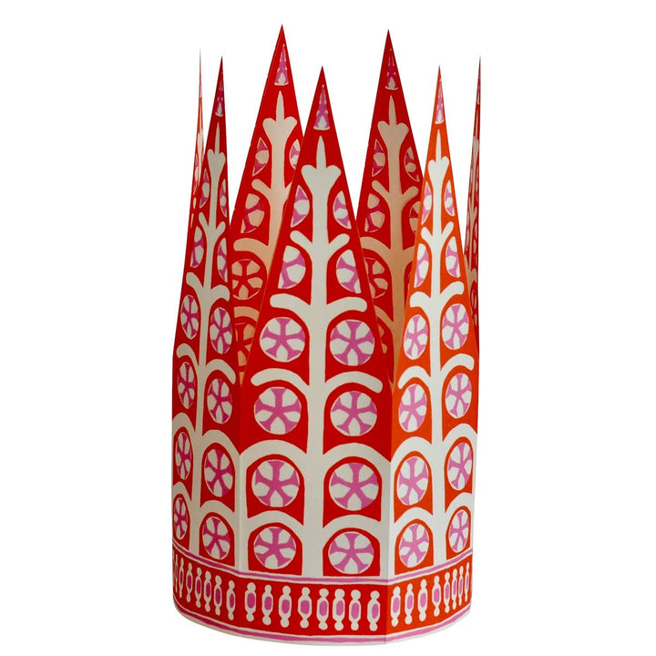 A pink and red patterned party hat