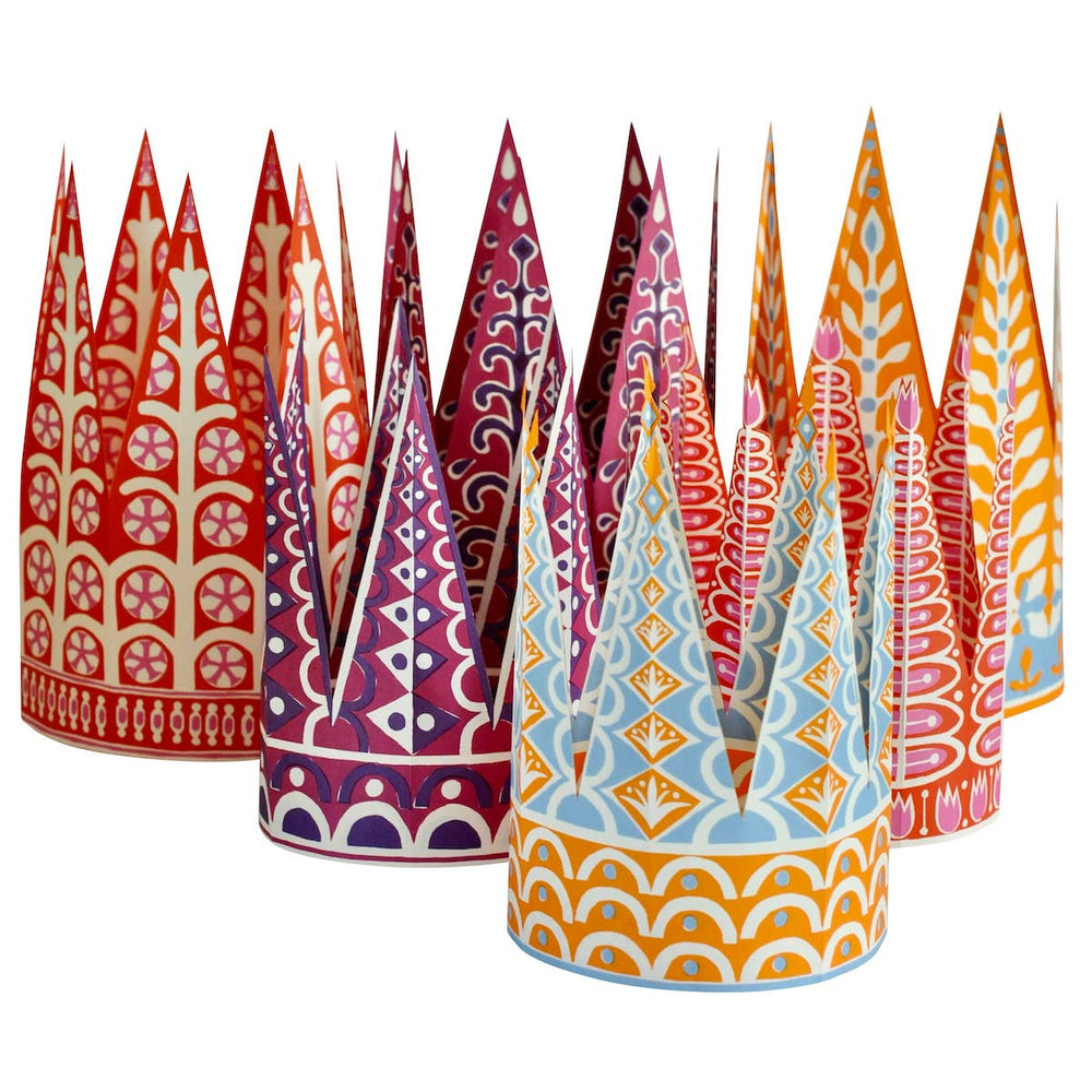 Colorful paper party hats with geometric patterns
