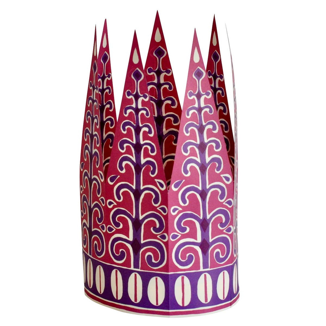 Decorative paper hat with a geometric red and purple pattern 