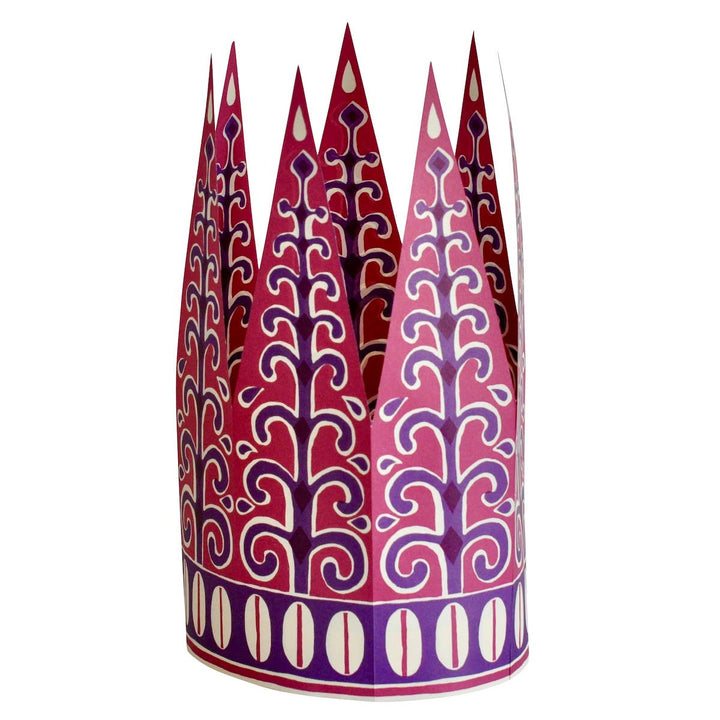 Decorative paper hat with a geometric red and purple pattern 
