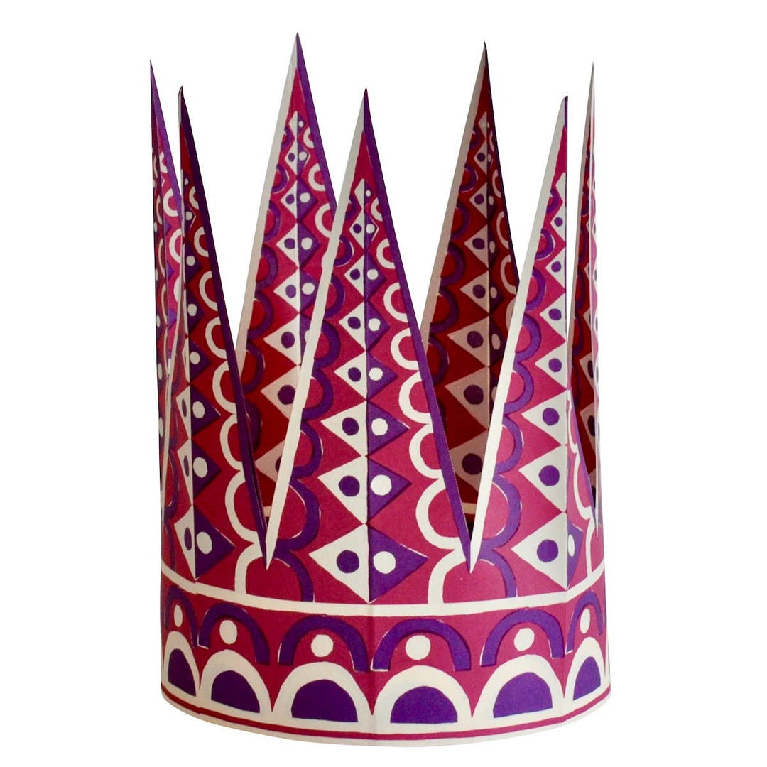 Decorative paper crown with a geometric purple and red pattern