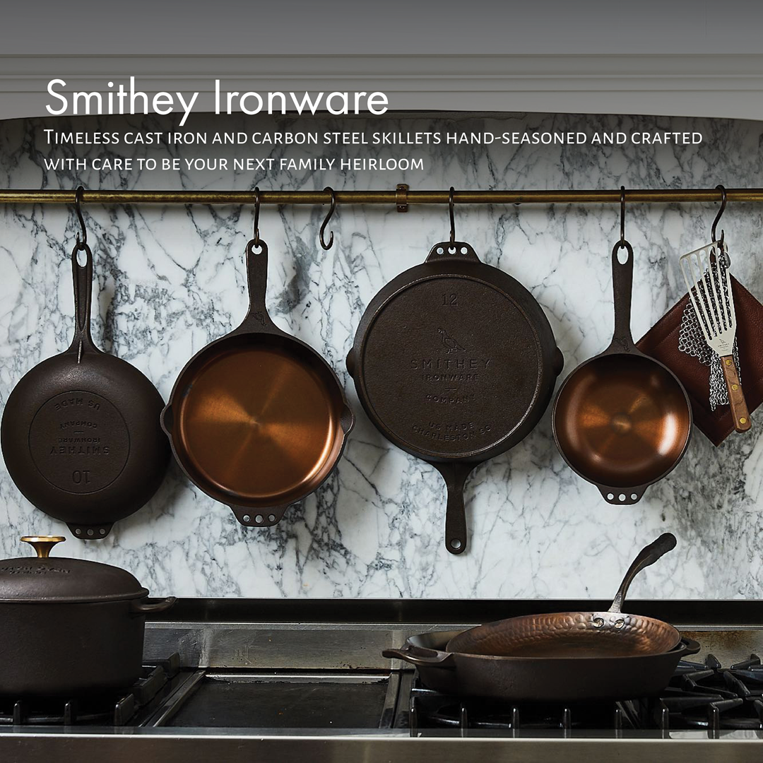 Smithey pans with the caption "Smithey Ironware: Timeless cast iron and carbon steel skillets hand-seasoned and crafter with care to be your next family heirloom"