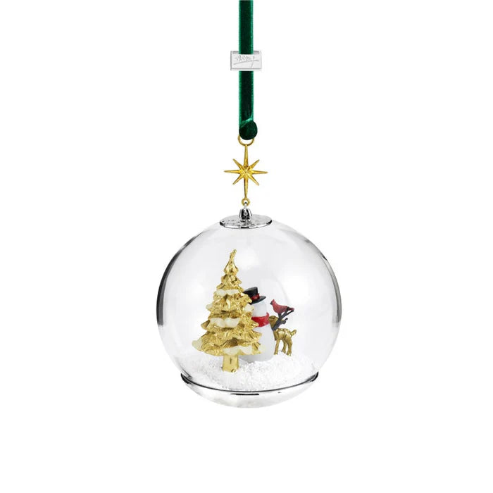 Snowglobe ornament with a snowman with gold christmas tree and baby reindeer