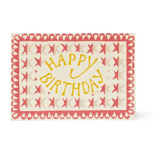 A stylistic birthday card with red stars, a red border, and decorative yellow text