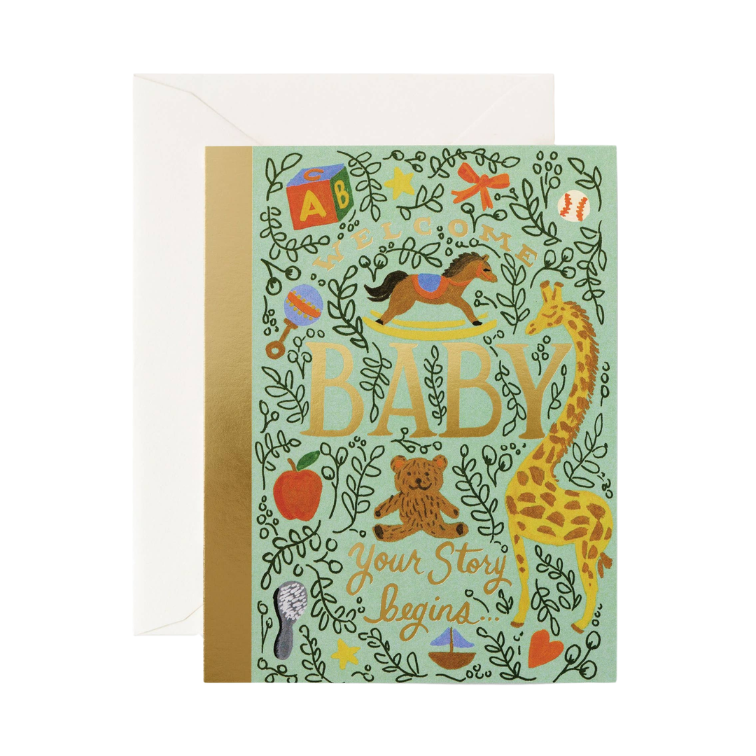 A light green greeting card with illustrations of a horse, teddy bear, and giraffe, with text 'Baby, your story begins' 
