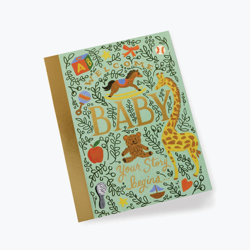 card with illustrations of animals and text reading "baby" on a white background