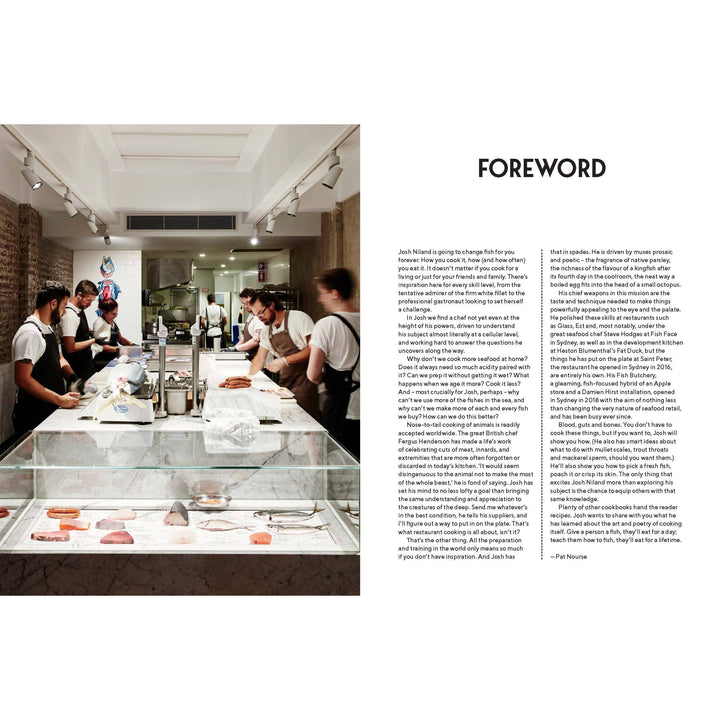 Culinary kitchen with chefs and a foreword text on the right
