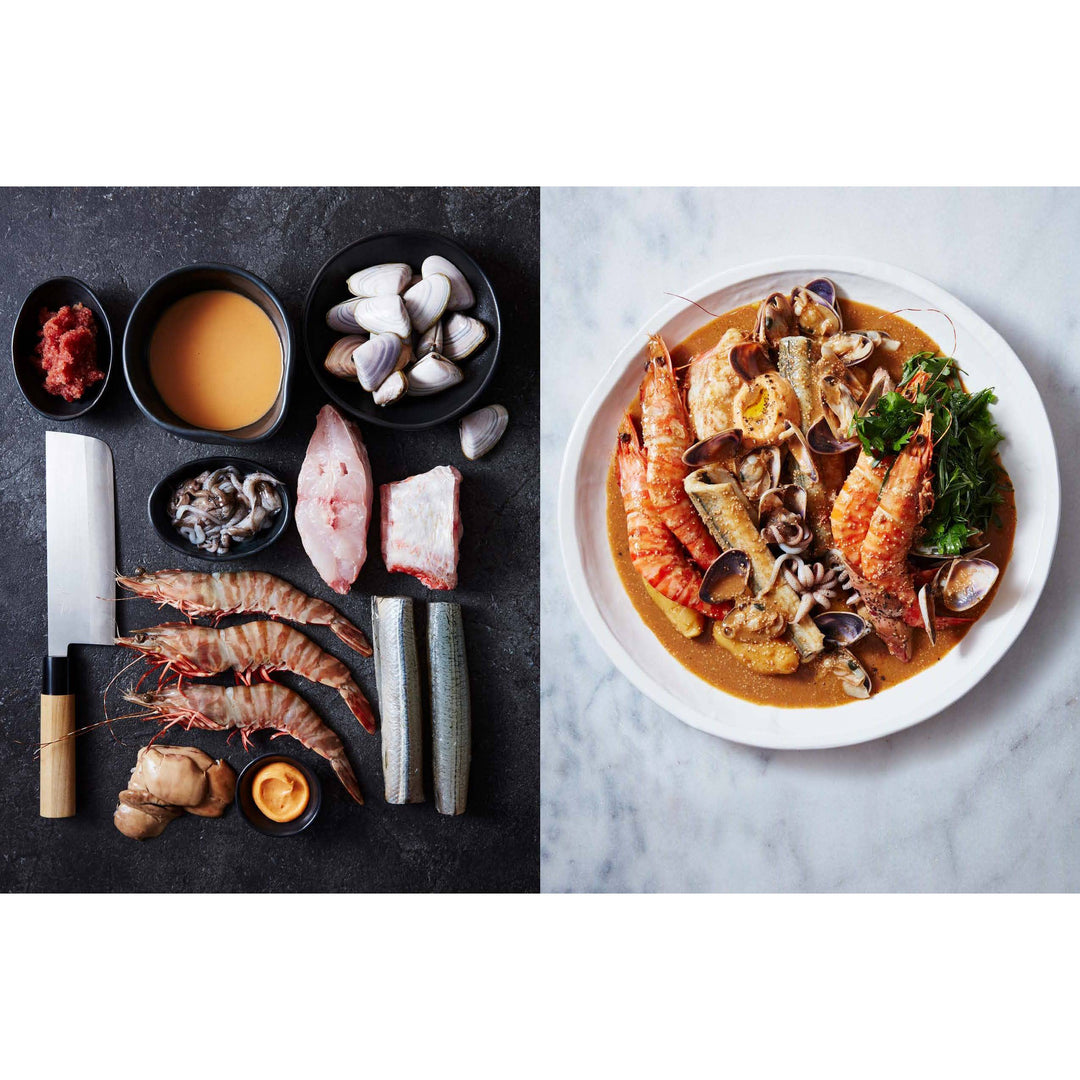 Prepared seafood dish with ingredients on a dark surface and a completed dish on a light background.