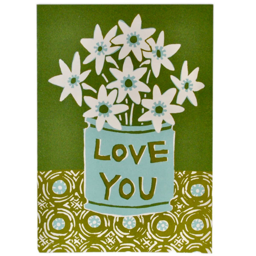 Card with flowers in a jar and 'Love You' text on a green background