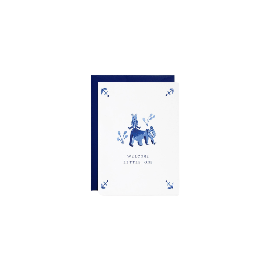 Baby shower card with blue elephant illustration and text reading "welcome little one"