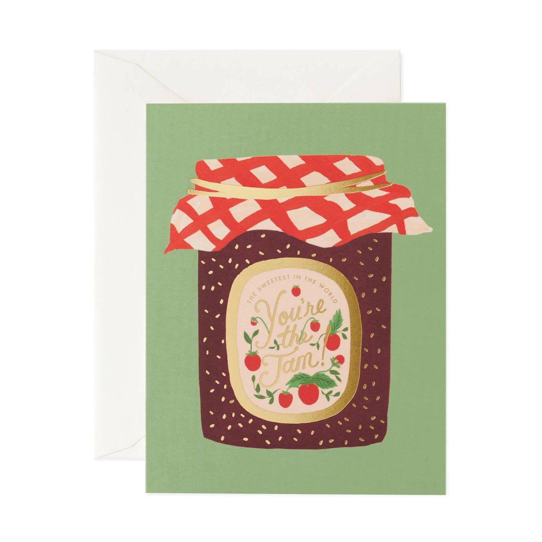 Greeting card with a jar of jam with a label reading "you're the jam" on  green paper